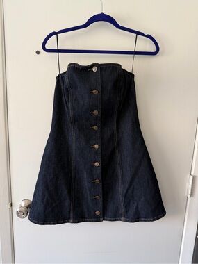 Button-Front Dark Indigo Denim Strapless Dress